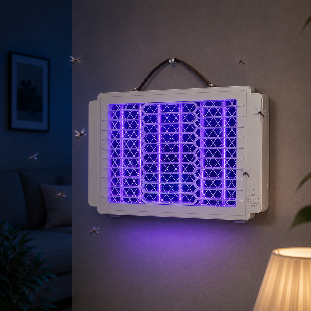 Un matamoscas eléctrico blanco con luz morada atrae a varios mosquitos en una pared.