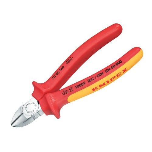 Pinza rossa e gialla con punte metalliche, manici isolati.