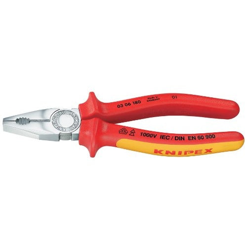 Pinza combinata rossa e gialla con ganasce e manici argentati. Marchio KNIPEX.