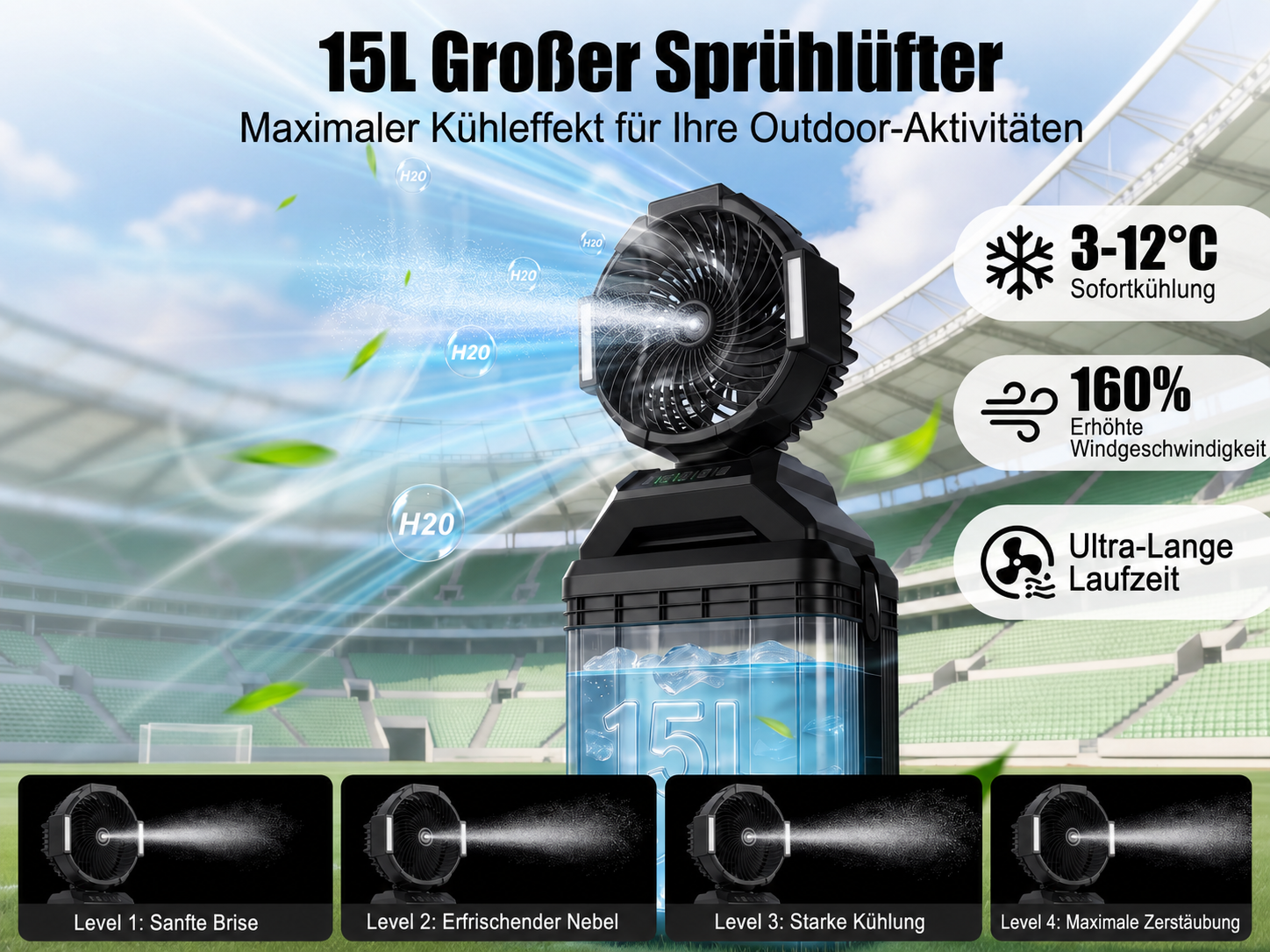 Ein schwarzer tragbarer Lüfter mit Wassertank vor einem Stadion. Er sprüht Wassernebel zur Kühlung.