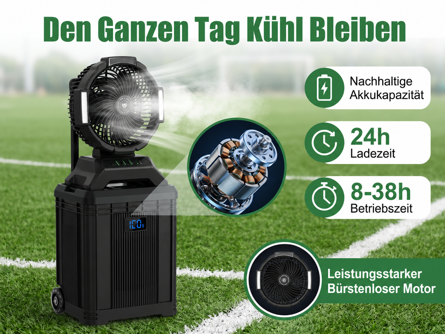 Ein schwarzer tragbarer Ventilator mit digitaler Anzeige, die 100% anzeigt, bläst Luft auf einem grünen Feld mit weißen Linien.