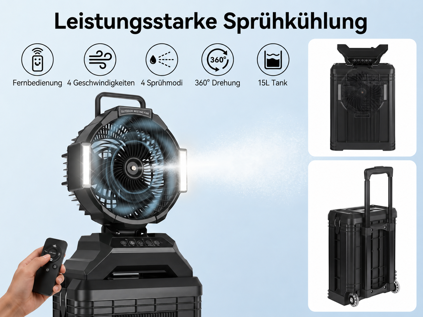 Schwarzer Sprühnebelventilator mit Fernbedienung, 4 Geschwindigkeiten, 4 Modi, 360° Drehung.