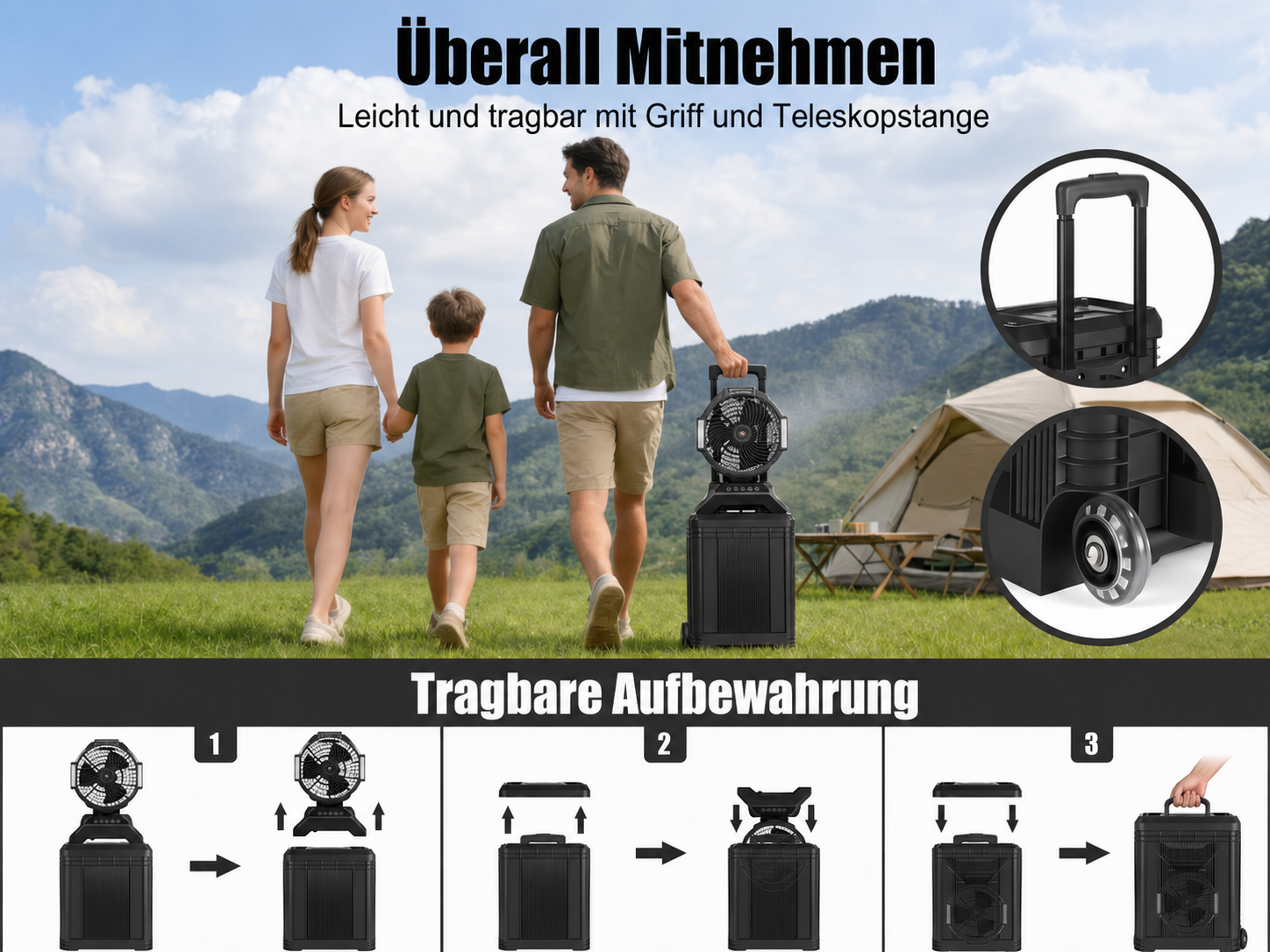 Familie wandert mit tragbarem Ventilator, Campingausrüstung im Hintergrund.