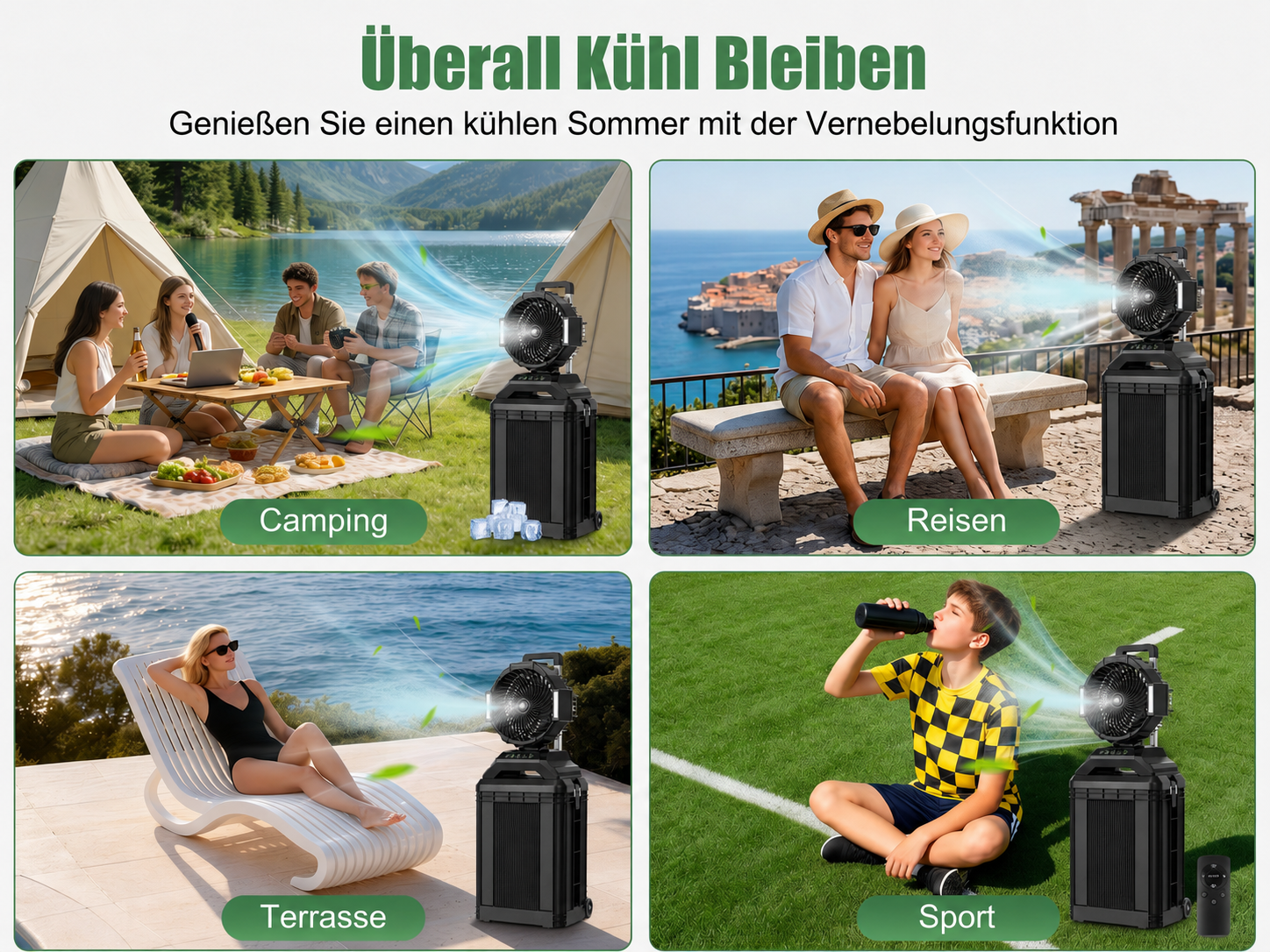 Vier Szenen zeigen einen tragbaren Lüfter: Camping, Reisen, Terrasse, Sport.