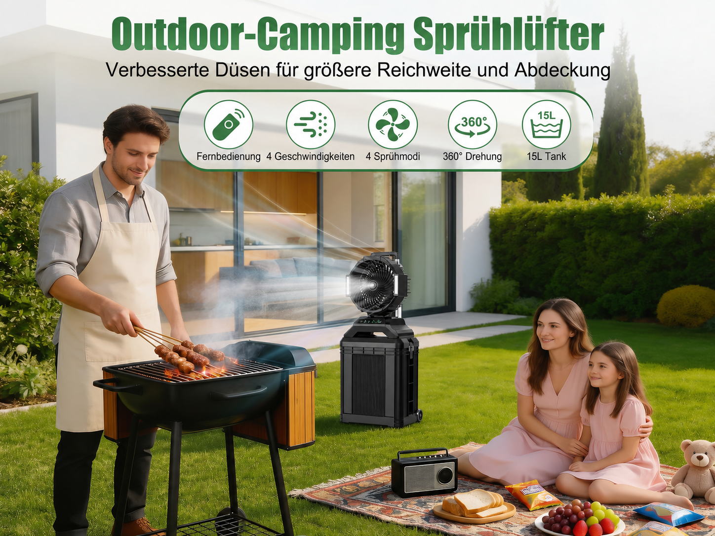 Mann grillt, Ventilator sprüht Nebel, Frau und Kind picknicken auf Rasen.