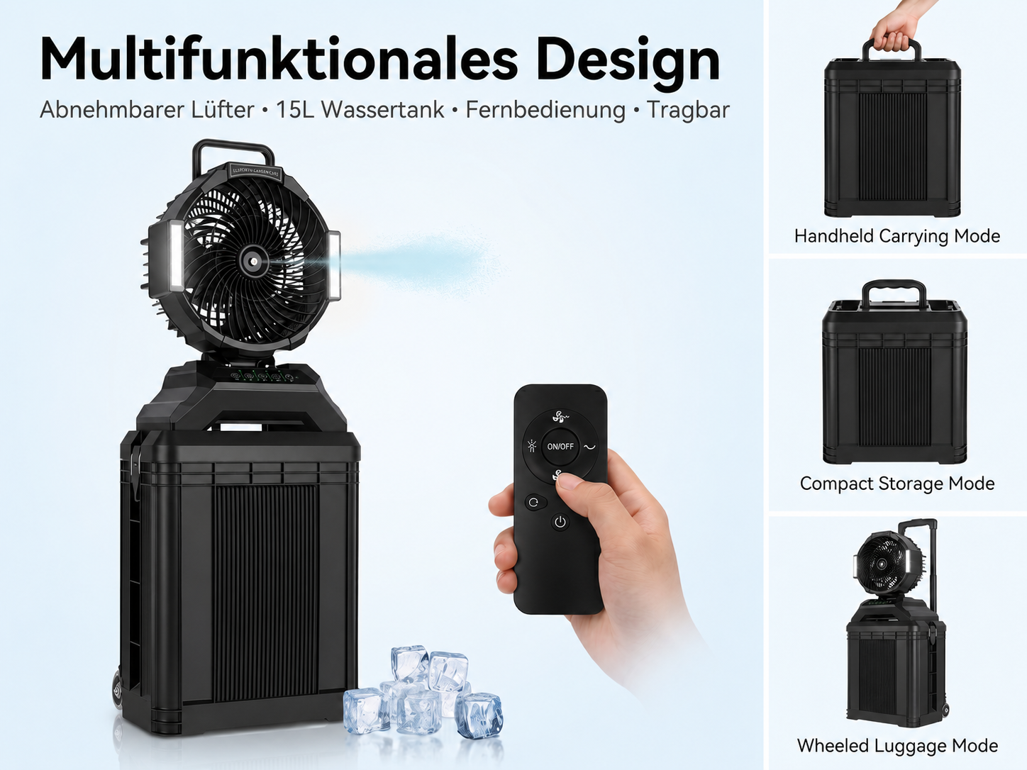 Multifunktionaler Lüfter mit Wassertank, Fernbedienung und verschiedenen Tragmodi.