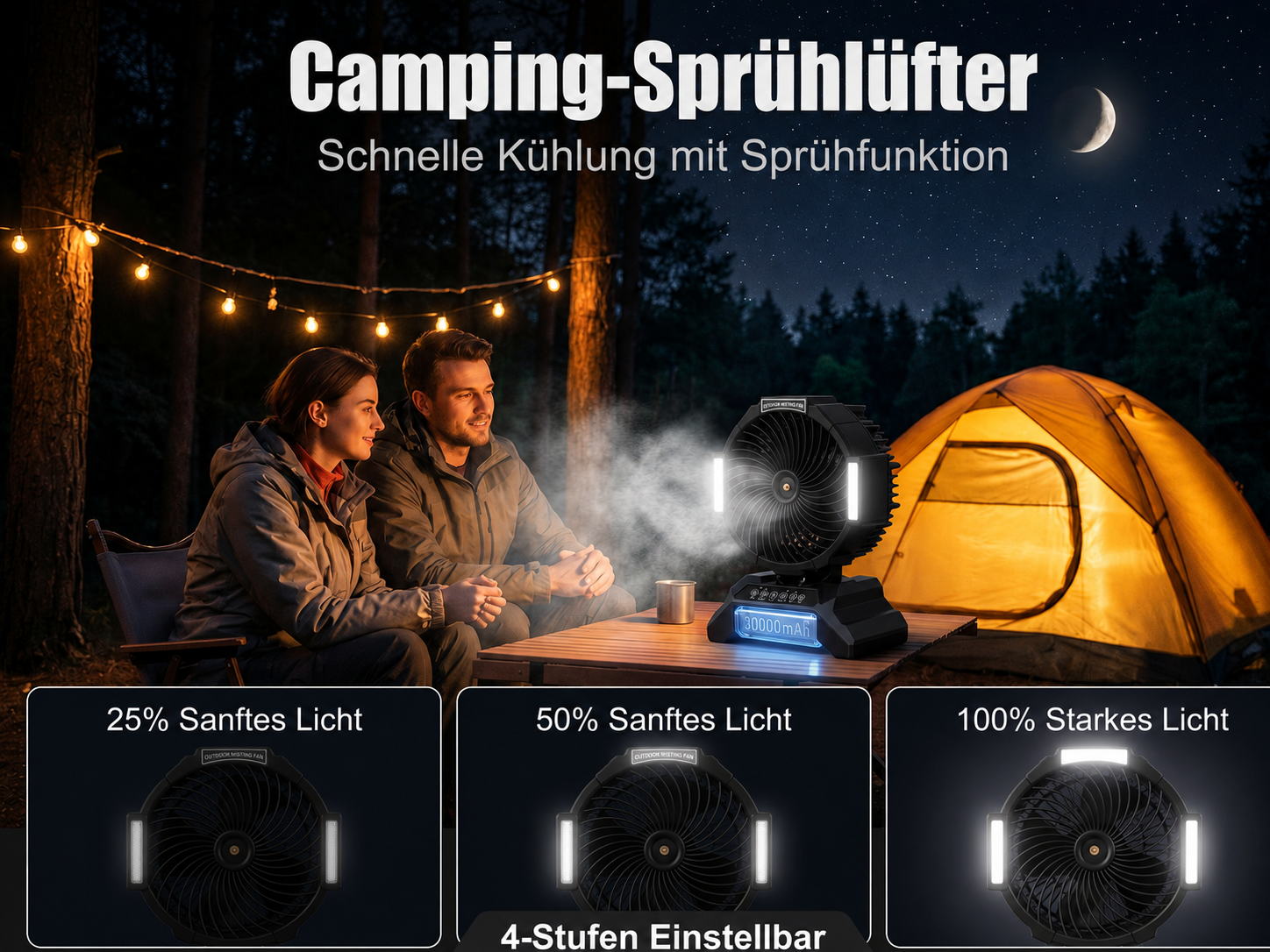 Ein Paar sitzt am Tisch, vor einem Camping-Sprühlüfter und Zelt bei Nacht.