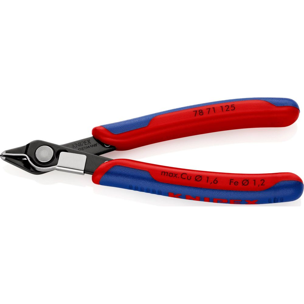 Pinza rossa e blu con lame argentate e manici neri.