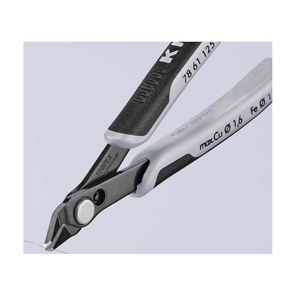 Pinza Knipex che taglia filo sottile. Manico grigio e nero.