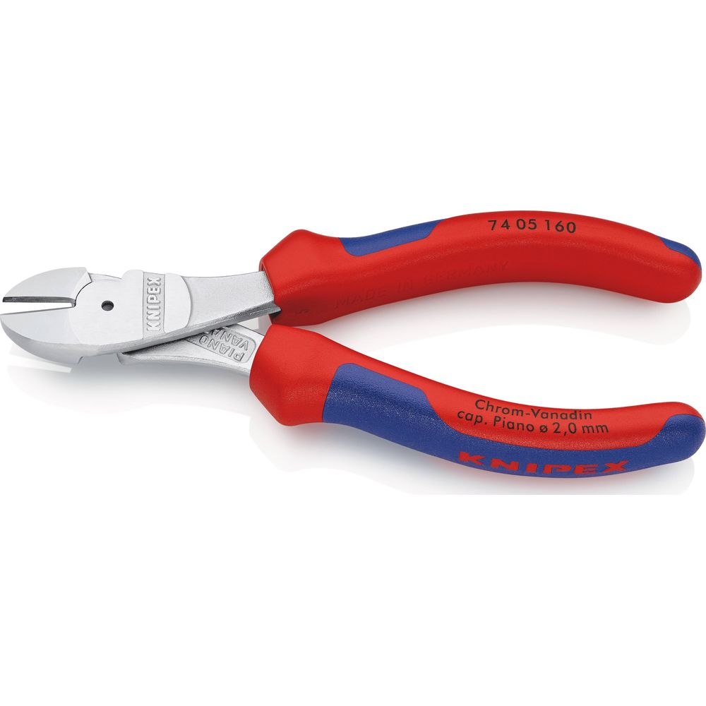 Tronchese Knipex con manici rossi e blu. Le parti metalliche sono argentate.