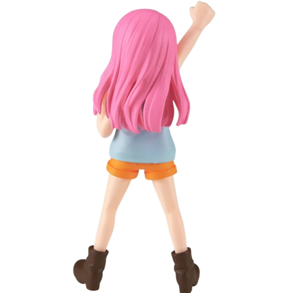 Una figura con pelo rosa largo, top azul y shorts naranjas.