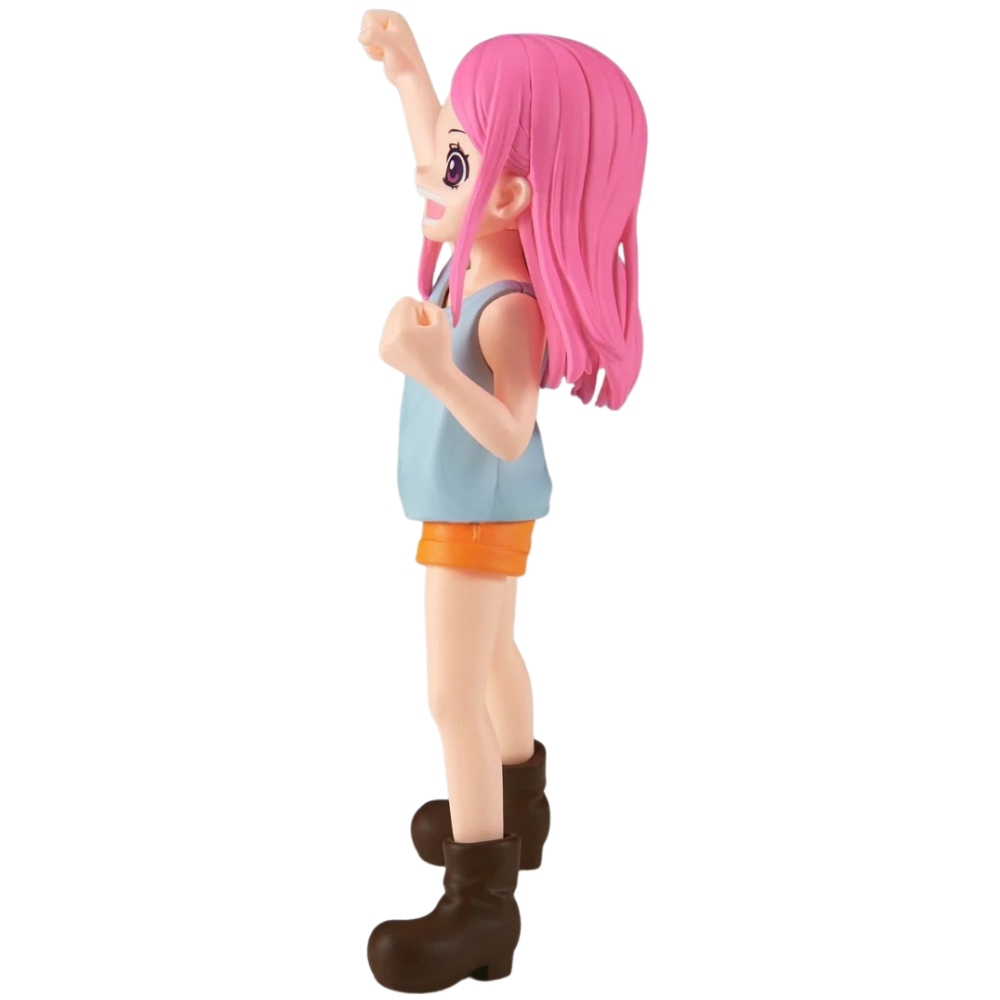 Figura de anime con pelo rosa, top azul, shorts naranjas y botas marrones, levantando un puño.
