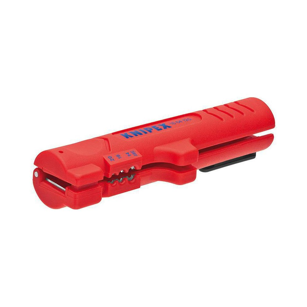 Una pinza spelafili Knipex rossa, modello 16 64 125, è angolata su uno sfondo bianco, mostrando vari fori di spelatura.