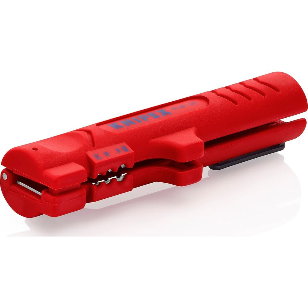 Un spelacavi Knipex rosso, un utensile manuale, è mostrato su uno sfondo bianco, evidenziando il suo design e la sua funzionalità.
