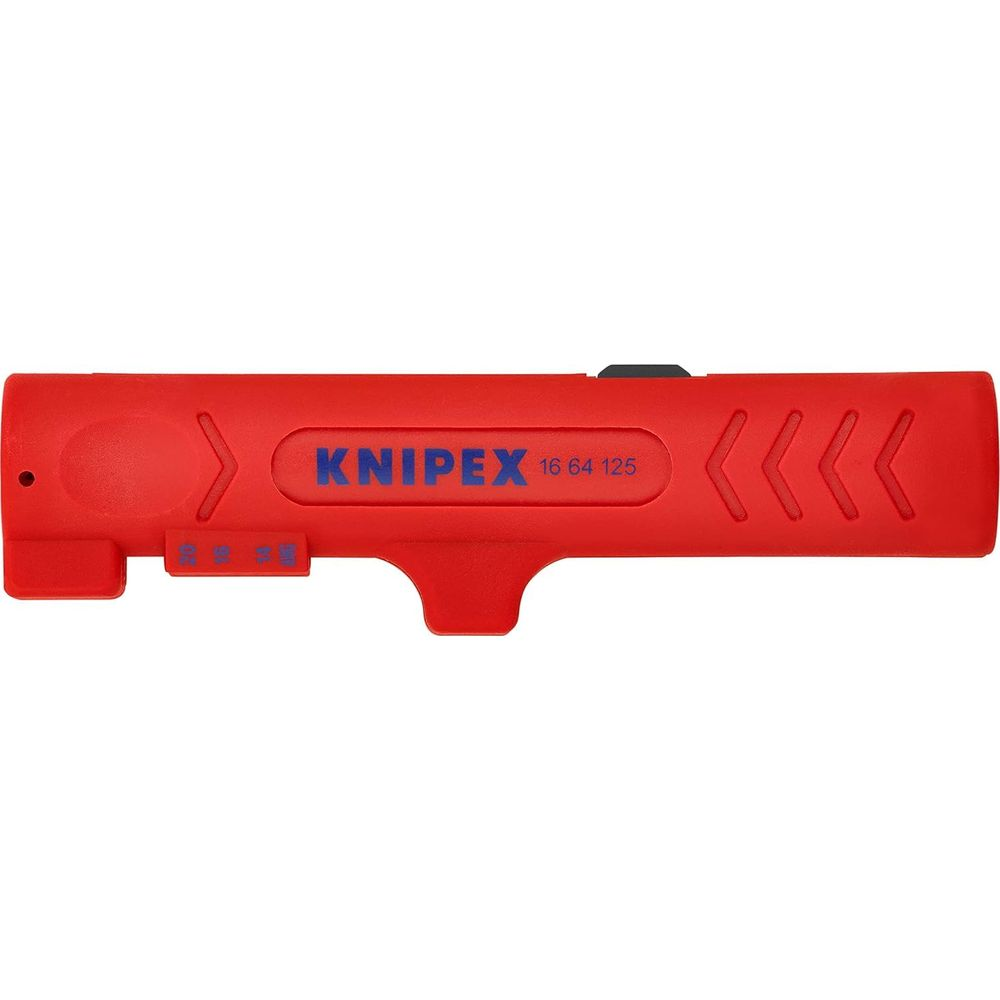 Un attrezzo rosso Knipex per spelafili con scritte blu e scanalature.