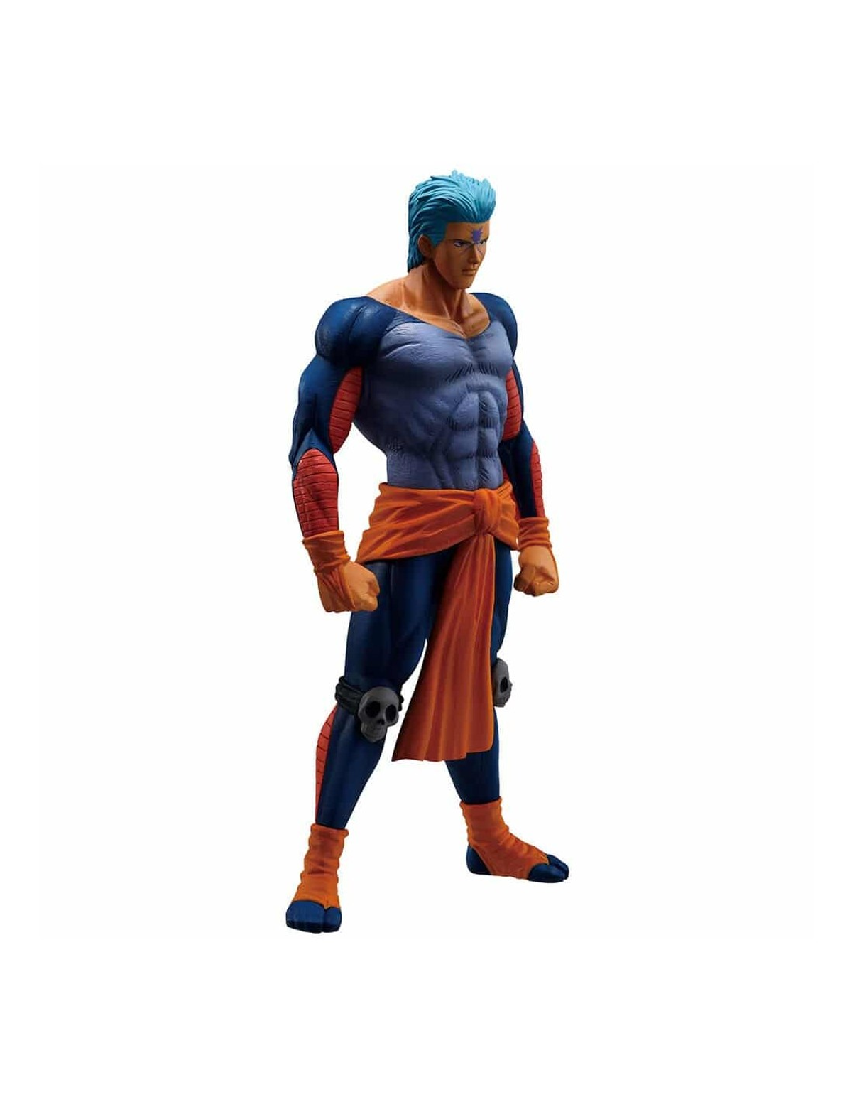 Un hombre musculoso con pelo azul y un fajín naranja posa en modo batalla.