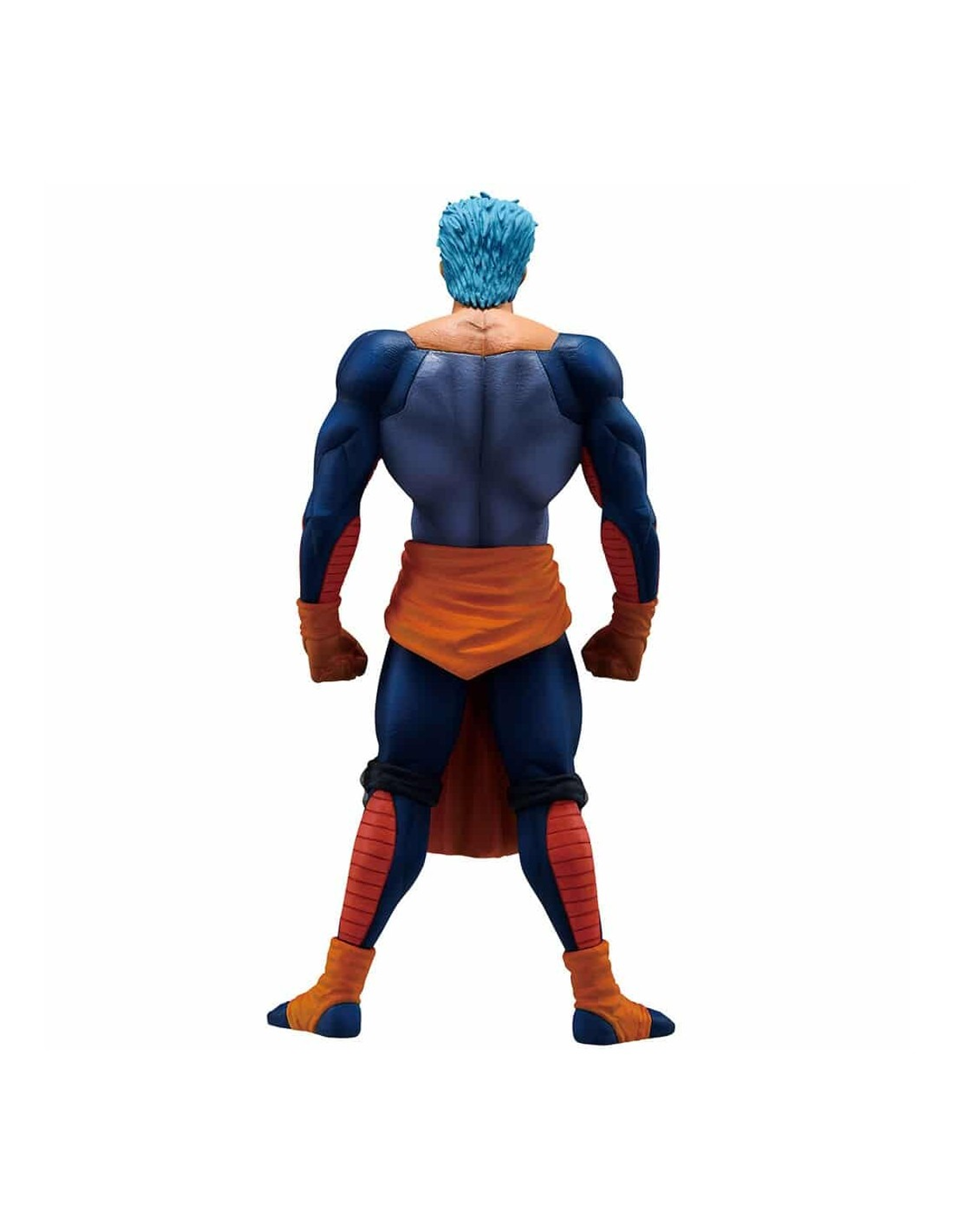 Vista trasera de una figura masculina con pelo azul, traje oscuro y fajín naranja.