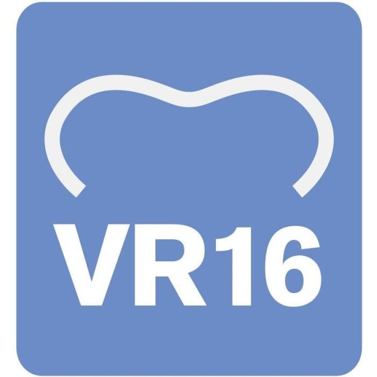 Un simbolo bianco con un arco curvo sopra il testo VR16 su sfondo blu.