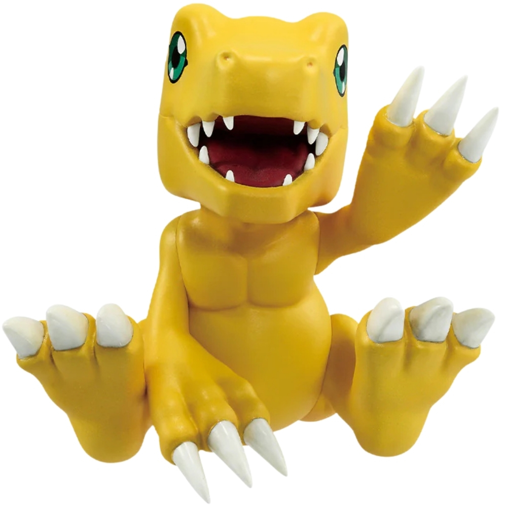 Un dinosaurio amarillo y caricaturesco con ojos verdes se sienta con las piernas separadas y el brazo derecho levantado.