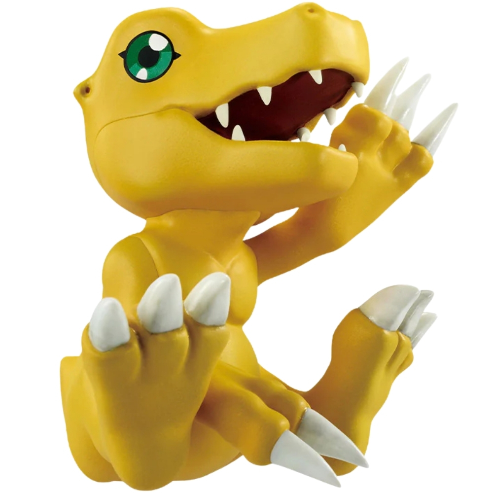 Dinosaurio amarillo con ojos verdes y garras blancas está sentado.