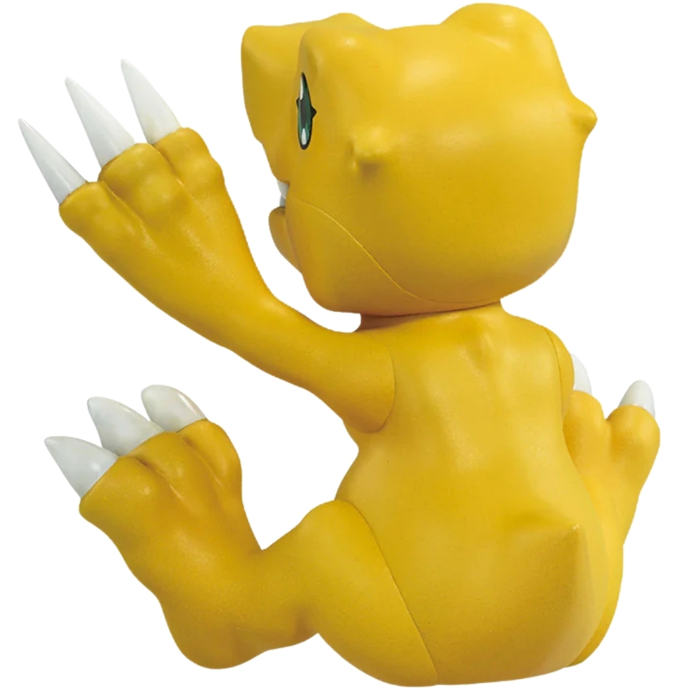 Un monstruo de dibujos animados amarillo con garras blancas afiladas se sienta sobre fondo blanco.