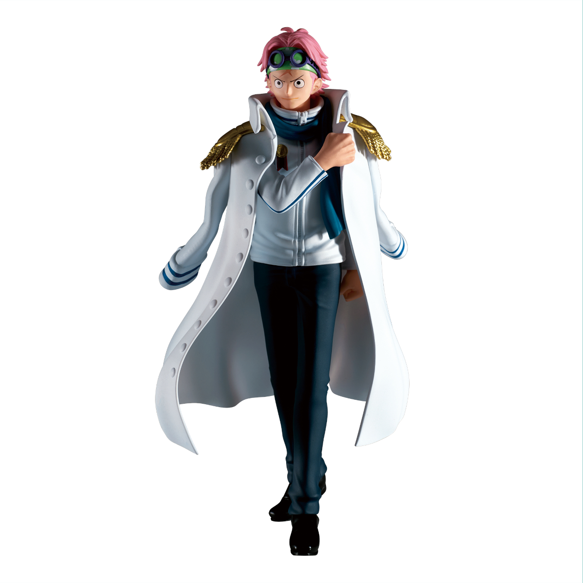 Figura de hombre con pelo rosa, abrigo blanco, bufanda azul y gafas.