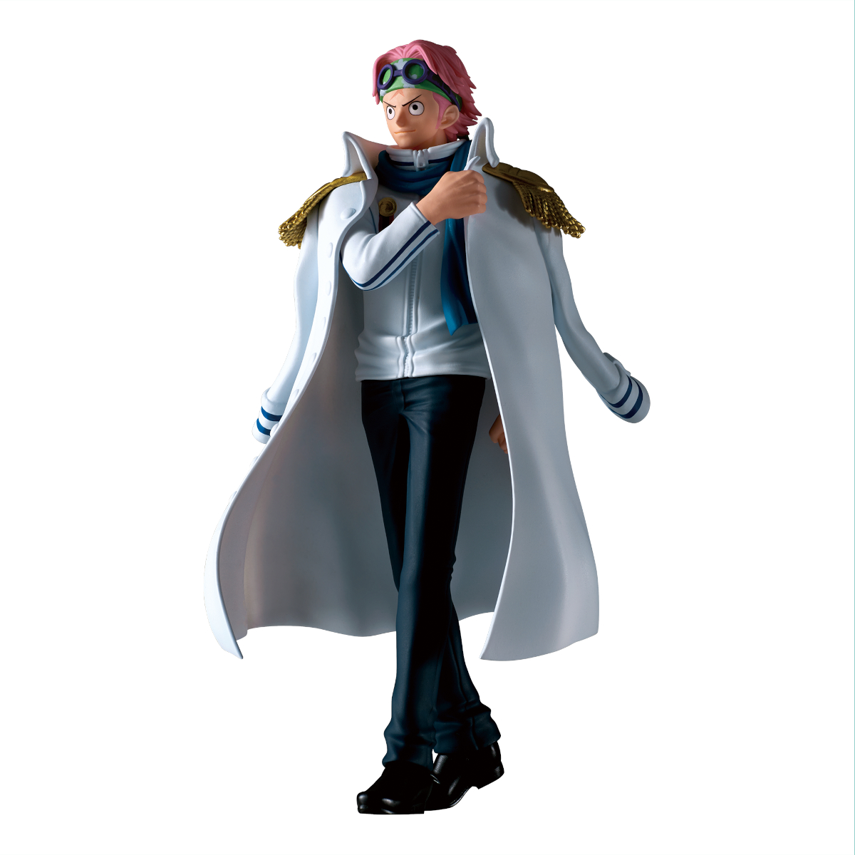 Figura con pelo rosa, gafas, abrigo blanco y bufanda azul.