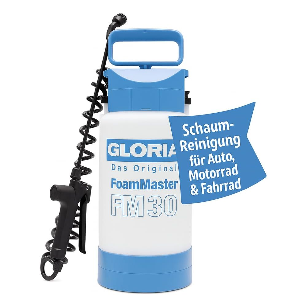 Uno spruzzatore blu Gloria FoamMaster FM 30 per la pulizia con schiuma di auto, moto e biciclette.