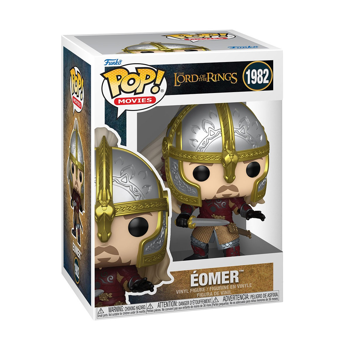 Figura Funko Pop! de Éomer en caja, con casco plateado y dorado, armadura roja y espada.