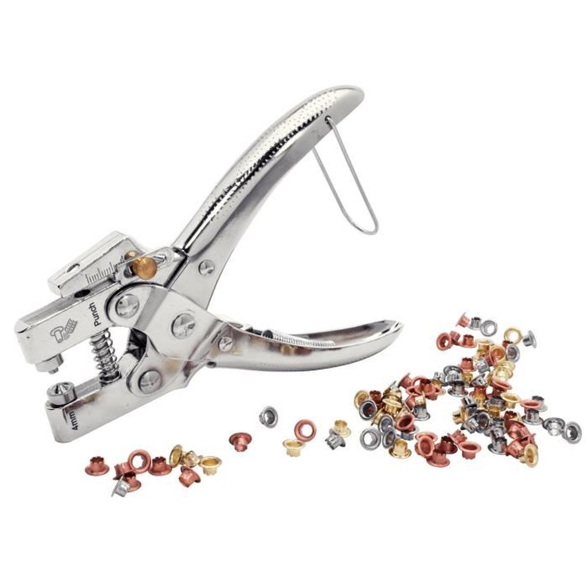 Una pinza foratrice con un mucchio di occhielli metallici accanto.