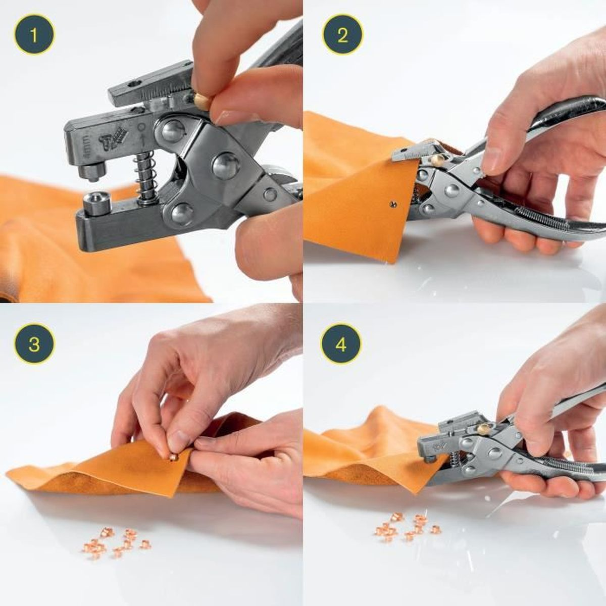 Un'immagine a quattro pannelli che mostra delle mani che usano uno strumento per perforare per attaccare piccoli occhielli metallici su un pezzo di tessuto arancione.