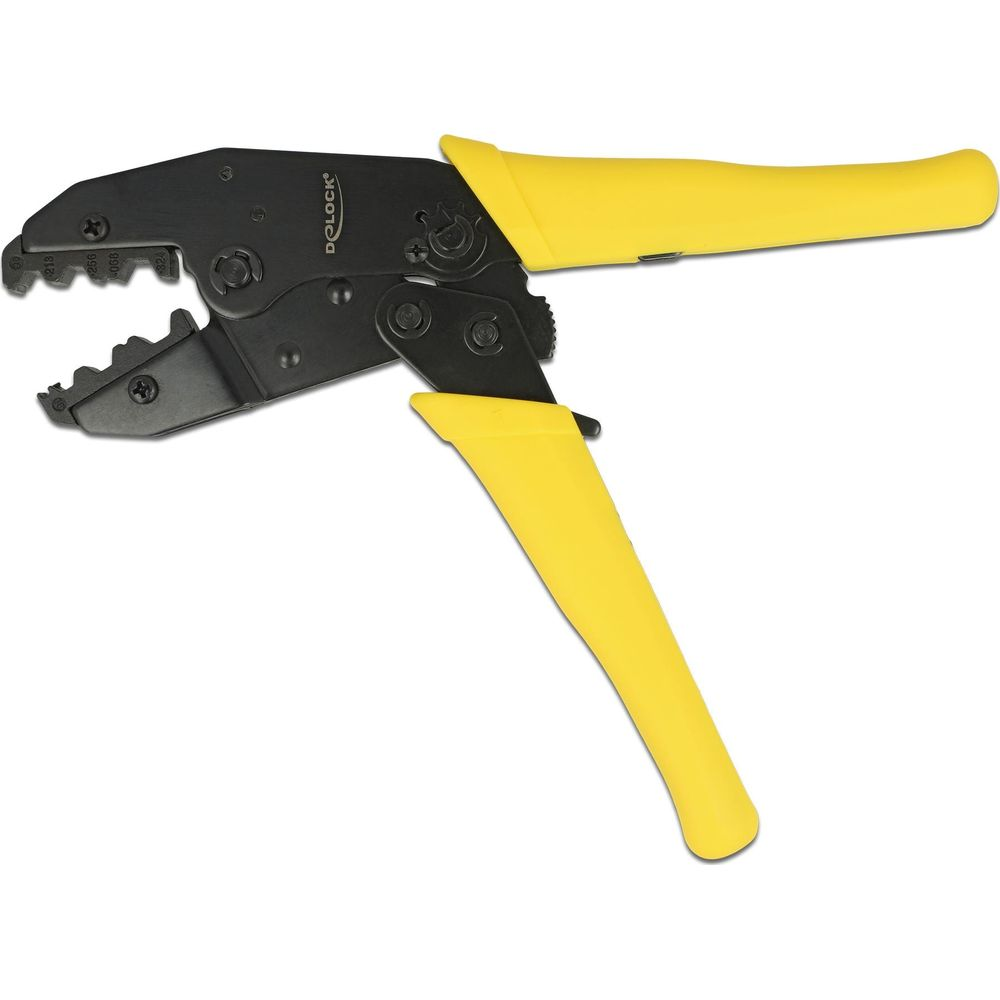 Pinza crimpatrice nera con manici gialli, su sfondo bianco.