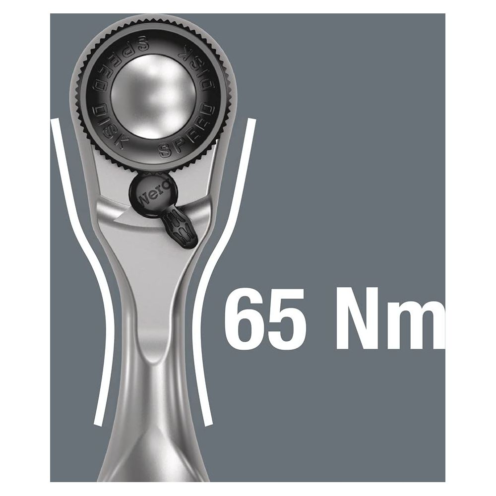 Cricchetto da 65 Nm. Manico argentato e marcature nere. Interruttore di marcia visibile.