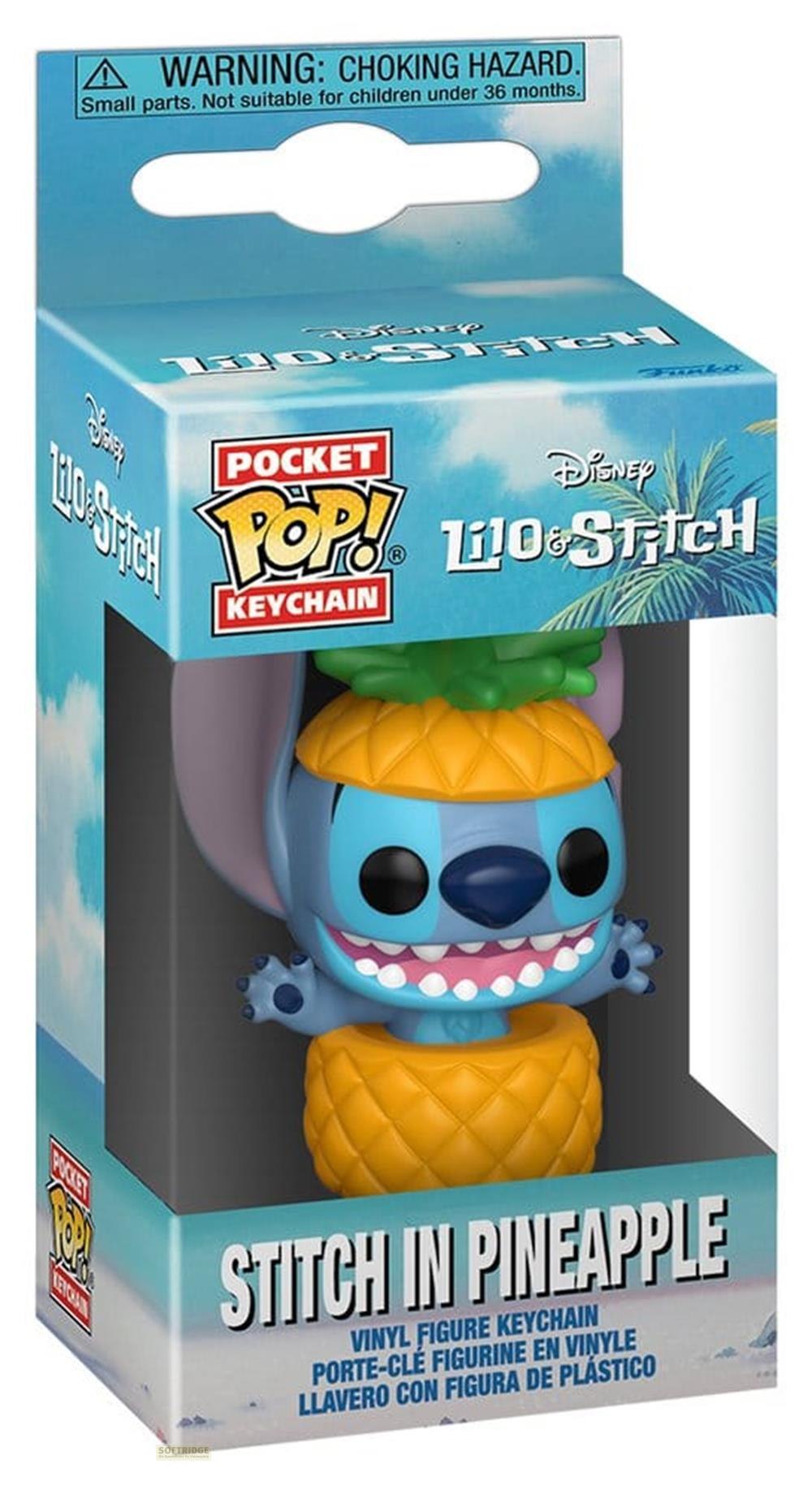 Un llavero Funko Pop! de Stitch en una piña, dentro de su caja.
