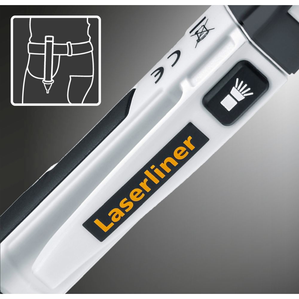 Un attrezzo bianco con marchio "Laserliner" e icona della luce.
