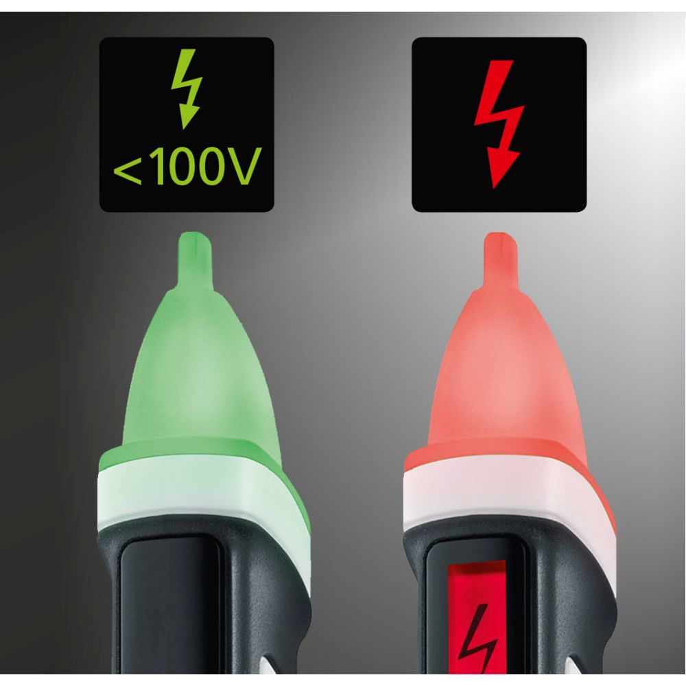 Due cercafase. Uno mostra verde con '<lt/>100V', l'altro rosso con fulmine.