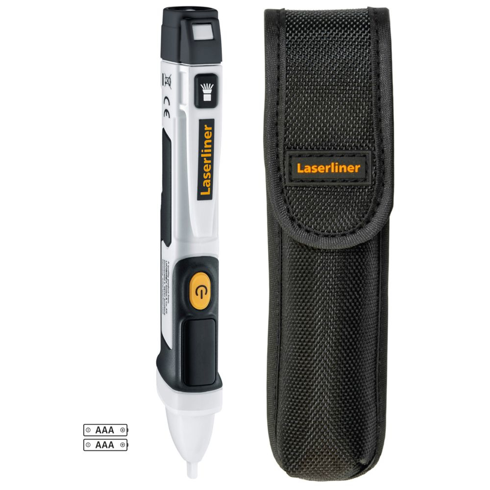 Un tester di tensione Laserliner bianco e nero con un pulsante di accensione arancione, accanto a una custodia nera.