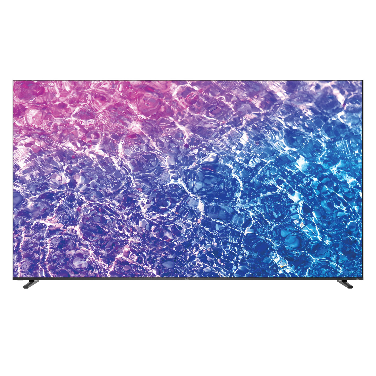 Un televisor moderno que muestra una imagen vibrante de agua reluciente en tonos morados y azules.