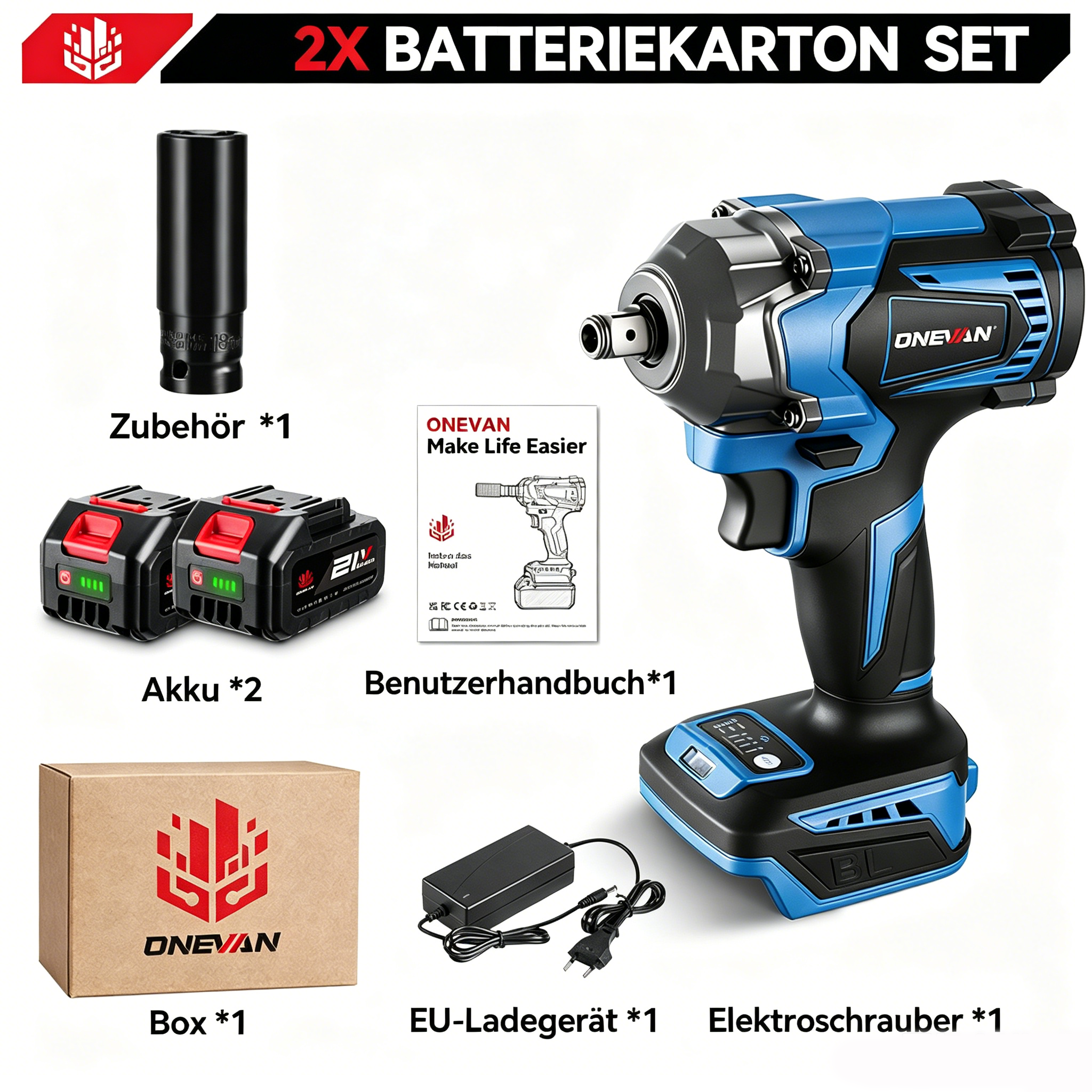 Un kit de llave de impacto eléctrica azul y negra con dos baterías, cargador, manual y una caja sobre fondo blanco.
