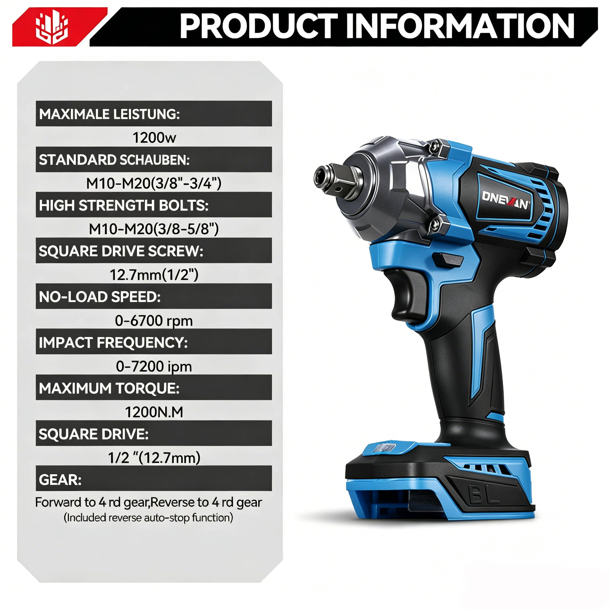 Una llave de impacto azul y negra con especificaciones listadas en un panel al lado.