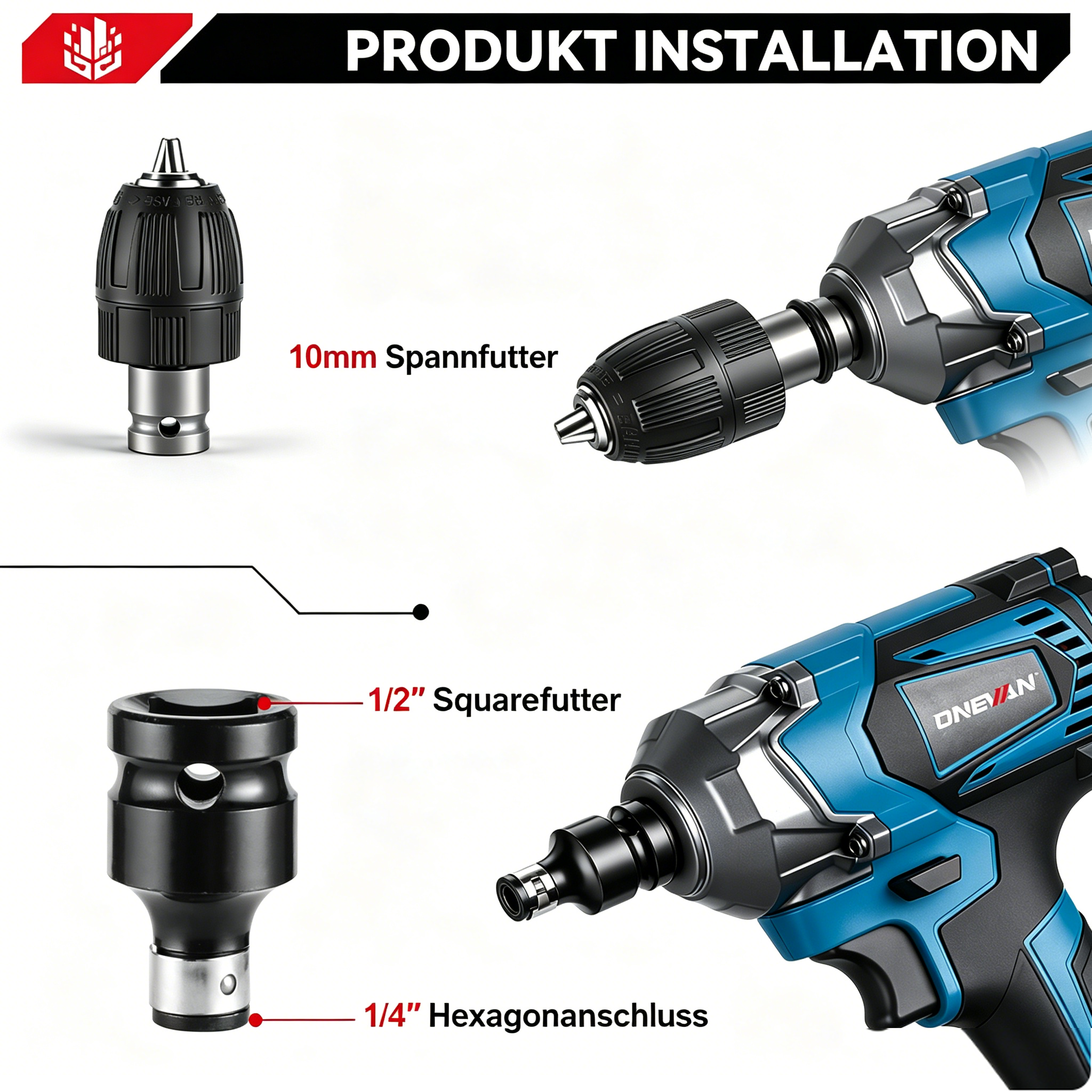 Ein blauer und schwarzer Bohrer mit Aufsätzen: 10mm Spannfutter und 1/2 Zoll Squarefutter.