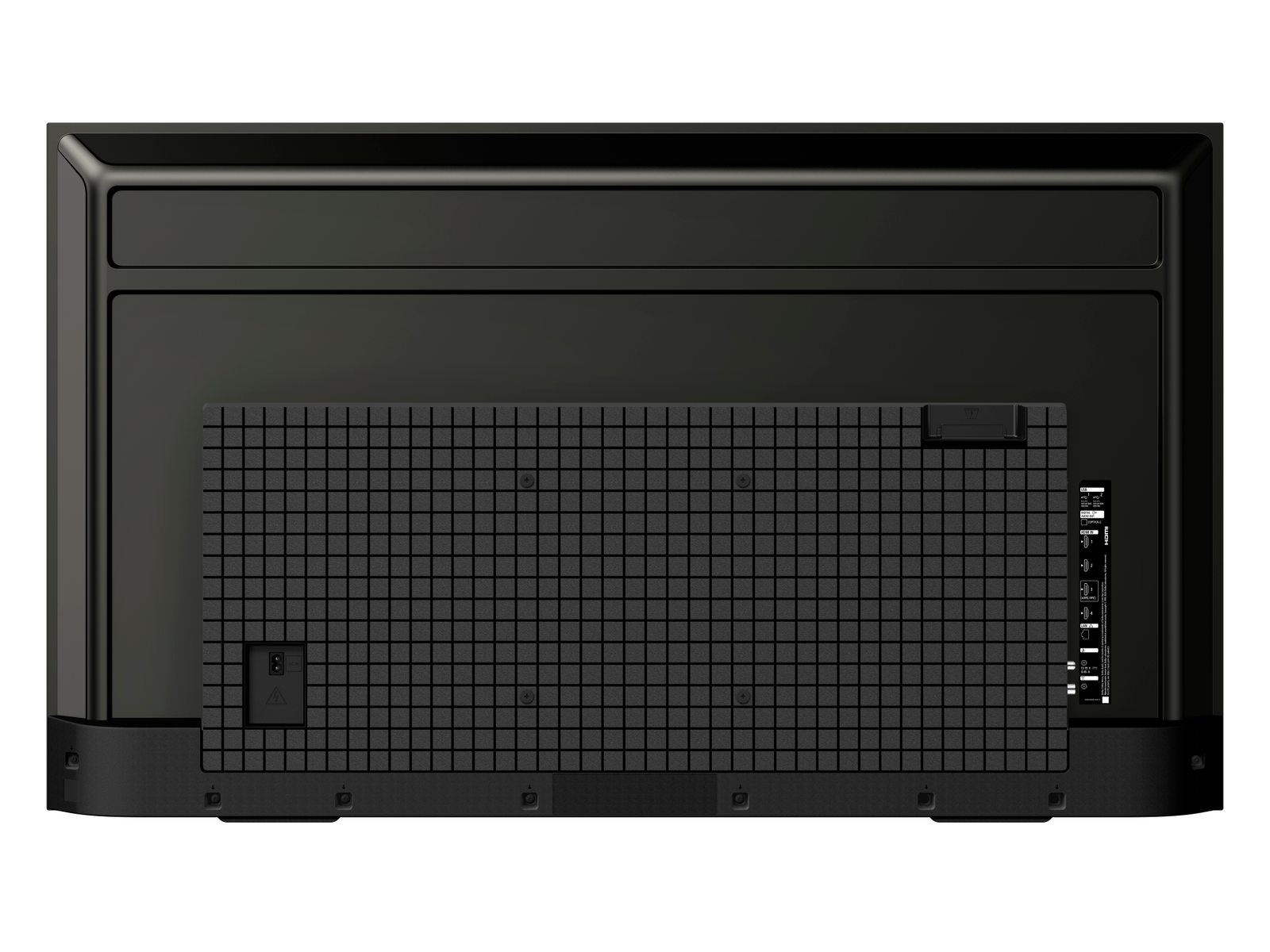 Rückseite eines schwarzen Fernsehers mit Anschlüssen und Lüftungsgitter.