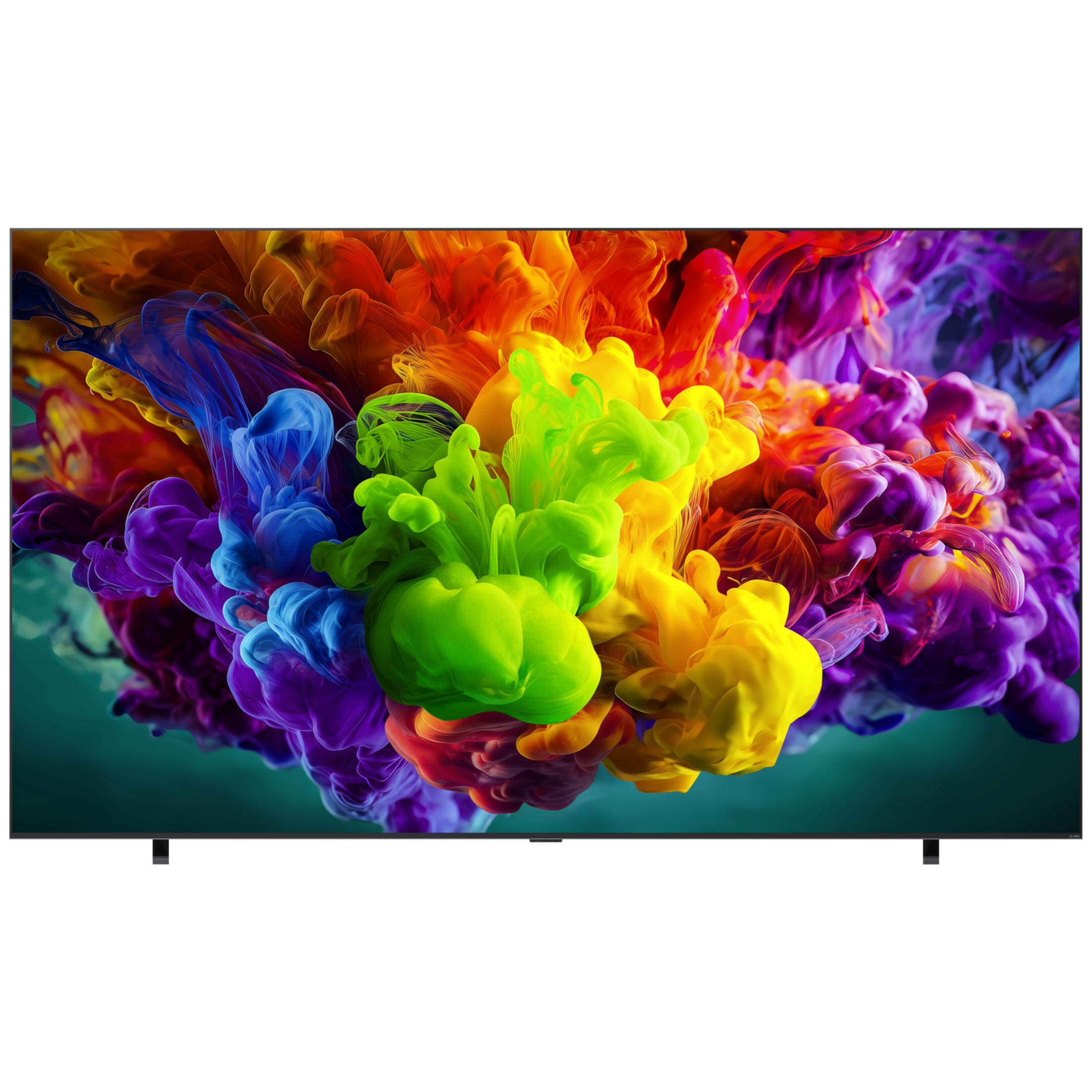 Una TV mostra nuvole di fumo astratte e colorate in arancione, giallo, verde e viola.