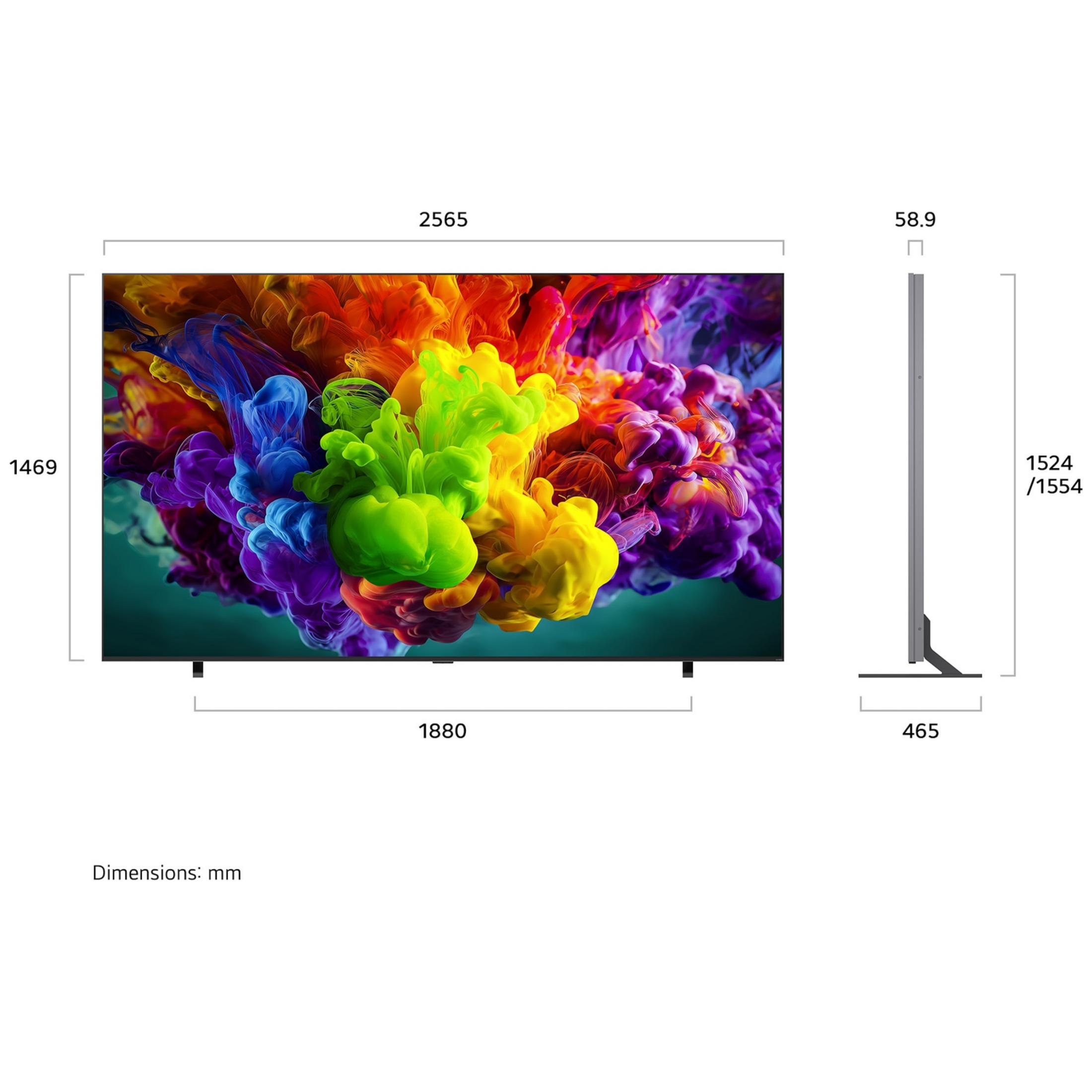 Un televisore mostra fumo colorato sullo schermo, con dimensioni di 2565 mm (L), 1469 mm (A) e 58,9 mm (P).