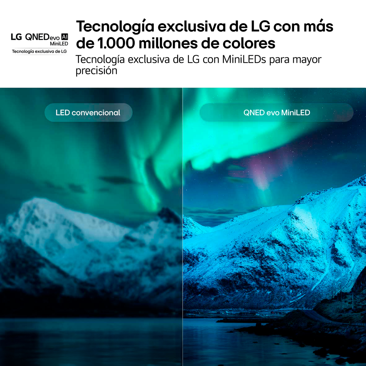 Schermo diviso che confronta LED convenzionale e QNED evo MiniLED, mostra aurora su montagne innevate.