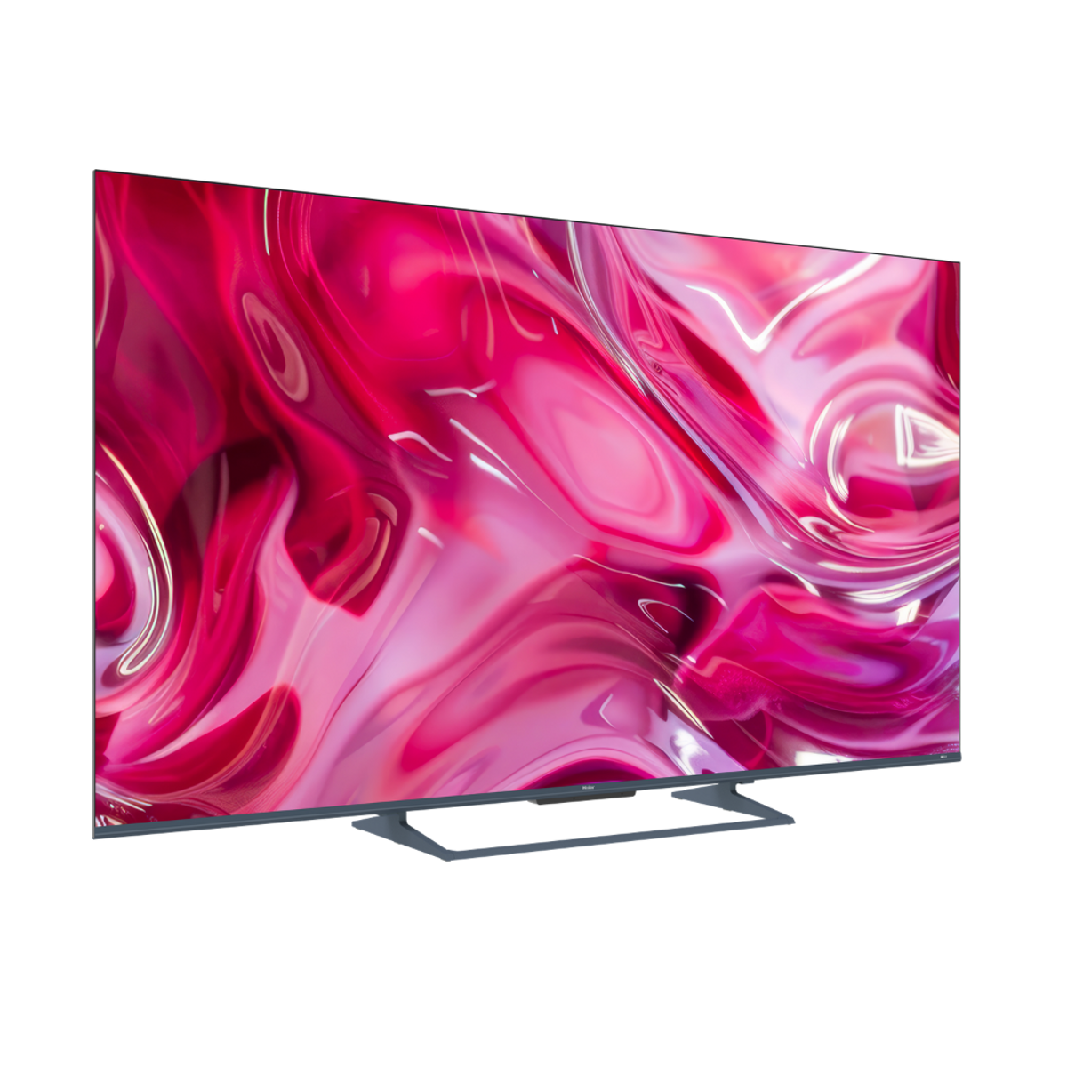 Un elegante televisor inteligente gris oscuro con una vibrante pantalla de arte líquido abstracto rosa y morado, en ángulo sobre un fondo negro.