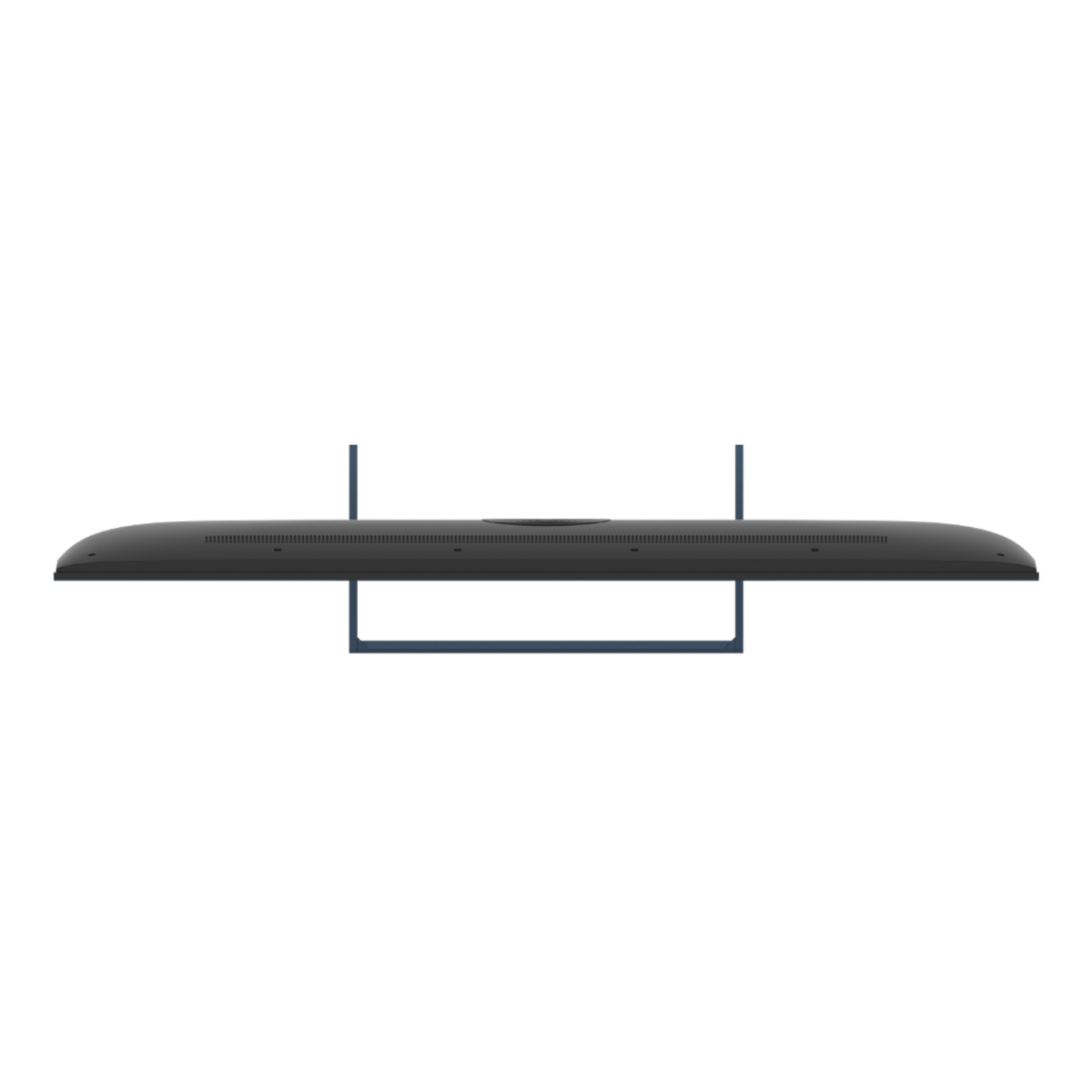Un elegante televisor gris oscuro con bisel fino descansa sobre un soporte azul minimalista.