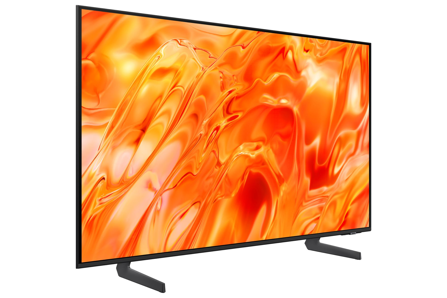 Televisore nero con sfondo astratto arancione su un supporto.