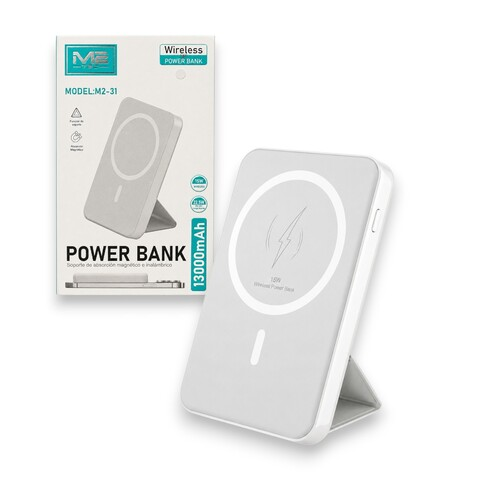 Un cargador portátil inalámbrico blanco, modelo M2-31, de 13000 mAh.