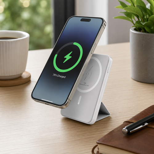 Un iPhone plateado se carga en una batería externa blanca. Una taza de café y una planta cerca.